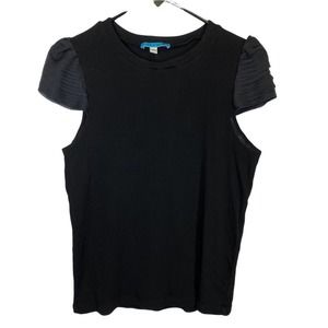 Alice + Olivia Black Pleated Ruffle Short Cap Sleeve Puff Shoulder Tee Top M